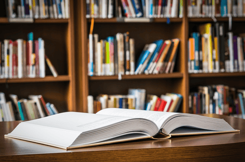 Ein aufgeschlagenes Buch auf einem Tisch, im Hintergrund ein Bücherregal