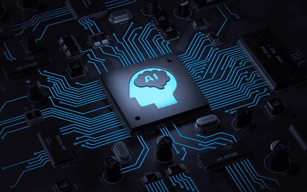 Eine Computerplatine auf der ein Kopf abgebildet ist, mit einem Gehirn in dem "AI" geschrieben steht