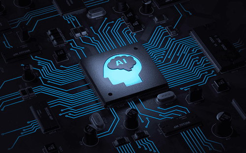 Eine Computerplatine auf der ein Kopf abgebildet ist, mit einem Gehirn in dem "AI" geschrieben steht