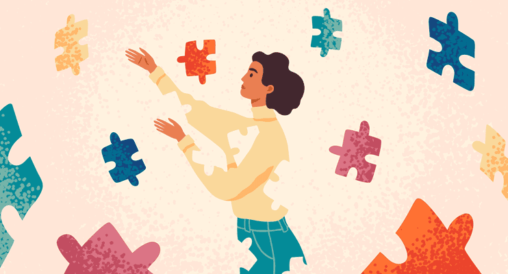 Eine Person, um sie herum bunte Puzzleteile, in ihrem Körper sind puzzleförmige Löcher, sie streckt die Arme nach oben