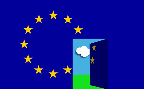 Eine blaue Fläche mit 12 kreisförmig angerichteten Sternen, ein Teil der Fläche öffnet sich, dahinter ist eine grüne Wiese, blauer Himmel und eine weiße Wolke