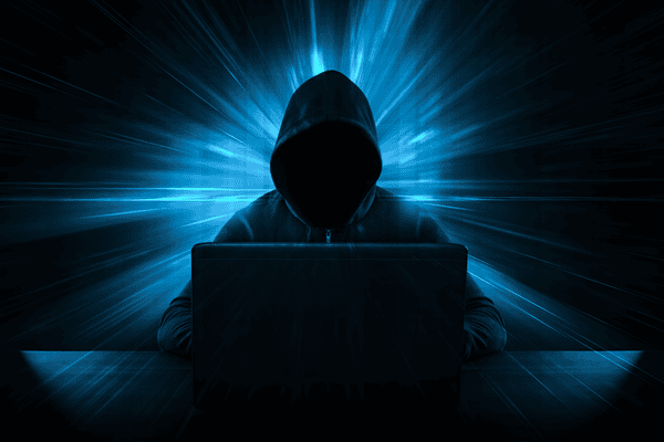 Eine dunkel gekleidete Person mit Kaputze vor einem Laptop, der Hintergrund ist schwarz mit einem blauen Leuchten um die Person herum, das Gesicht der Person ist nicht erkennbar