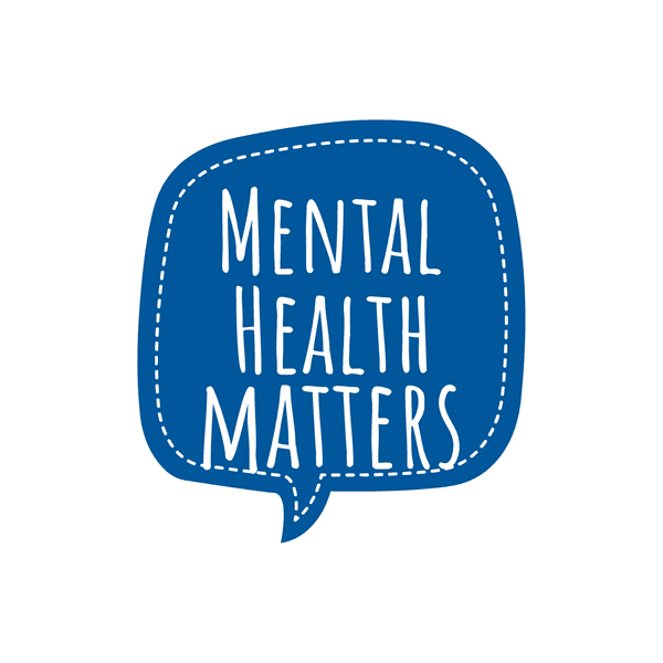 Eine blaue Sprechblase vor weißem Hintergrund mit weißem Schriftzug "MENTAL HEALTH MATTERS"