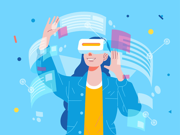 Eine Person mit einer VR-Brille vor den Augen, um sie herum Farben und Linien vor einem blauen Hintergrund