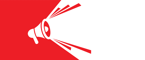 Ein Megafon, aus welchem augenscheinlich Geräusche herauskommen, in rot-weiß vor einem rot-weißem Hintergrund