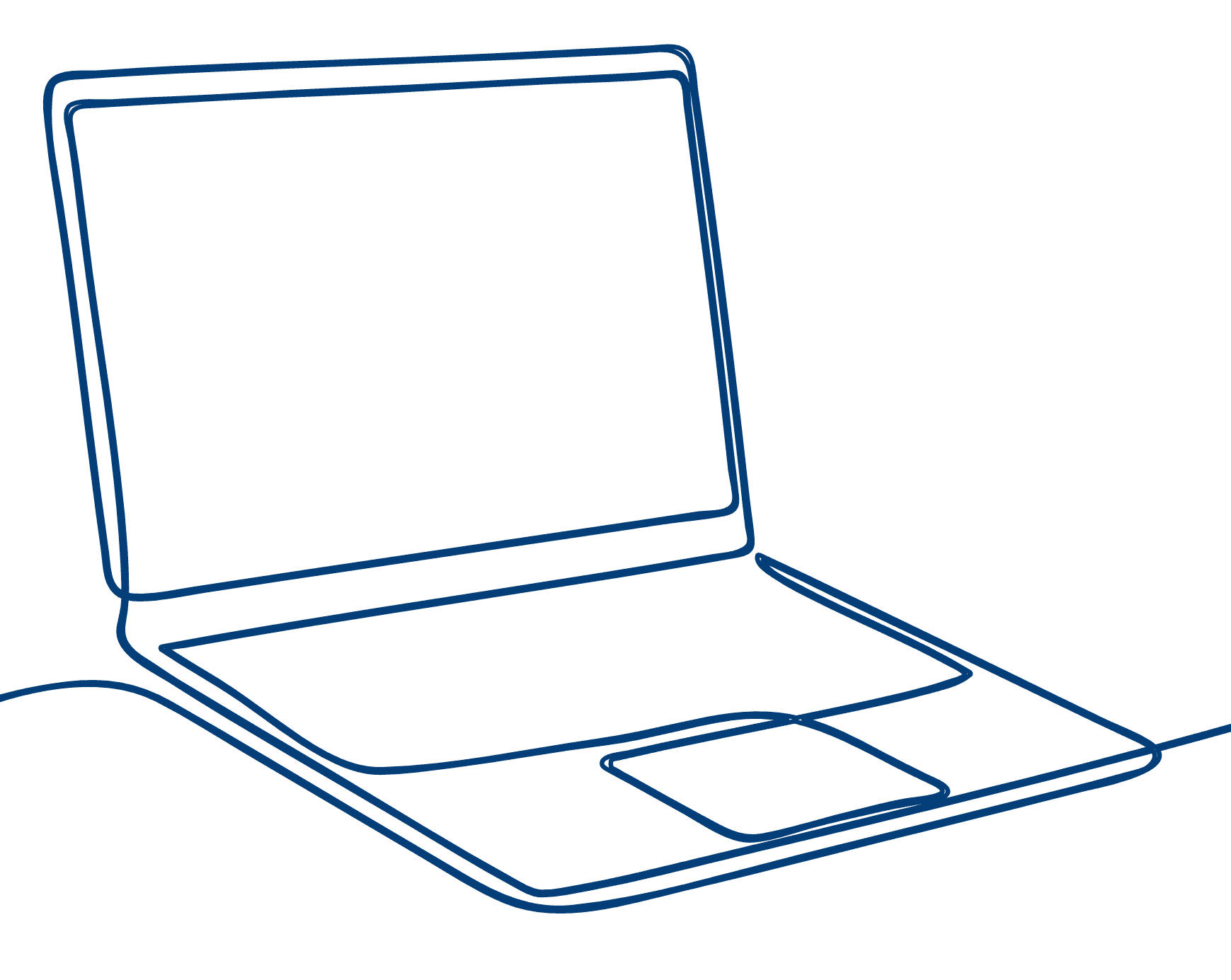 In blauen Linien Umrisse von einem geöffneten Laptop vor einem transparenten Hintergrund