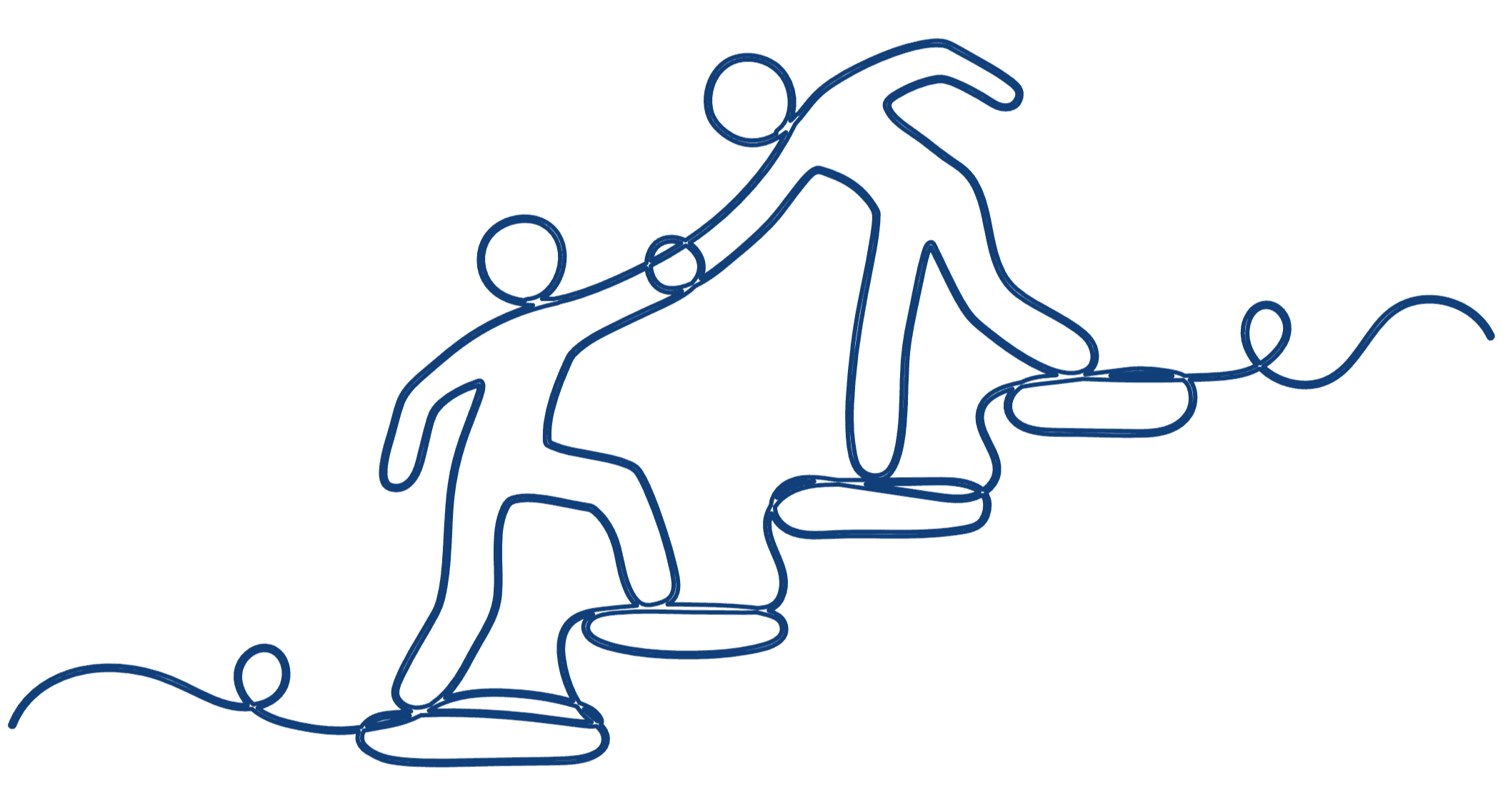 In blauen Linien Umrisse von zwei Personen auf einer Treppe, die sich an den Händen halten vor einem transparenten Hintergrund