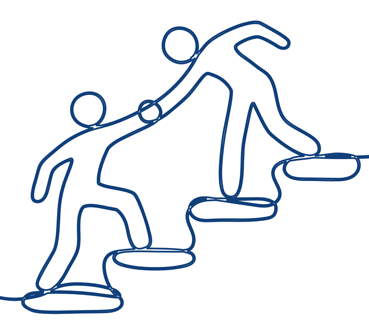 In blauen Linien Umrisse von zwei Personen auf einer Treppe, die sich an den Händen halten vor einem transparenten Hintergrund