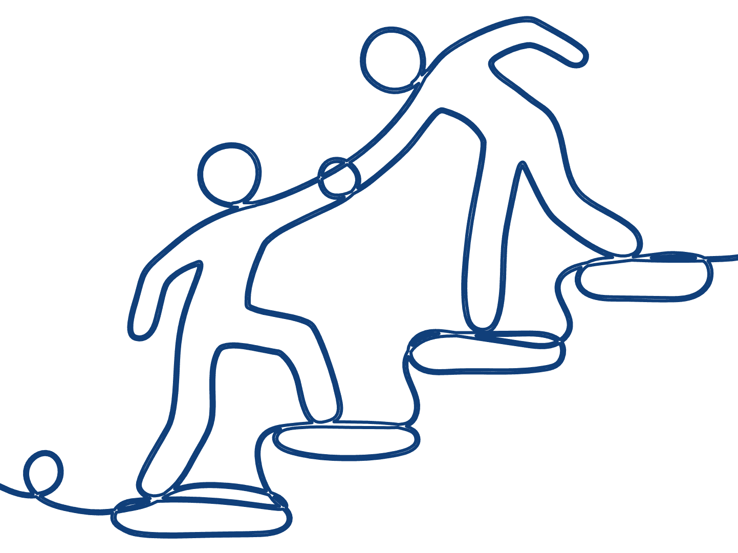 In blauen Linien Umrisse von zwei Personen auf einer Treppe, die sich an den Händen halten vor einem transparenten Hintergrund