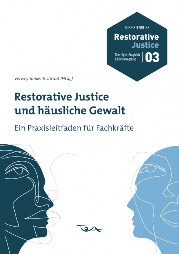 Ein Buchcover auf dem zwei seitliche Köpfe abgebildet sind und der Titel "Restocative Justice und häusliche Gewalt"