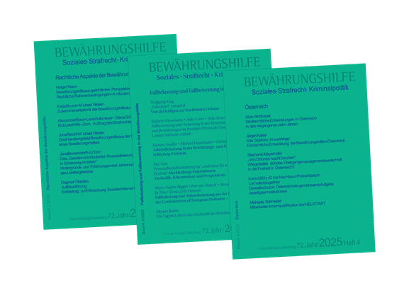 Drei übereinandergelagerte grüne Titelseiten der "ZEITSCHRIFT BEWÄHRUNGSHILFE"