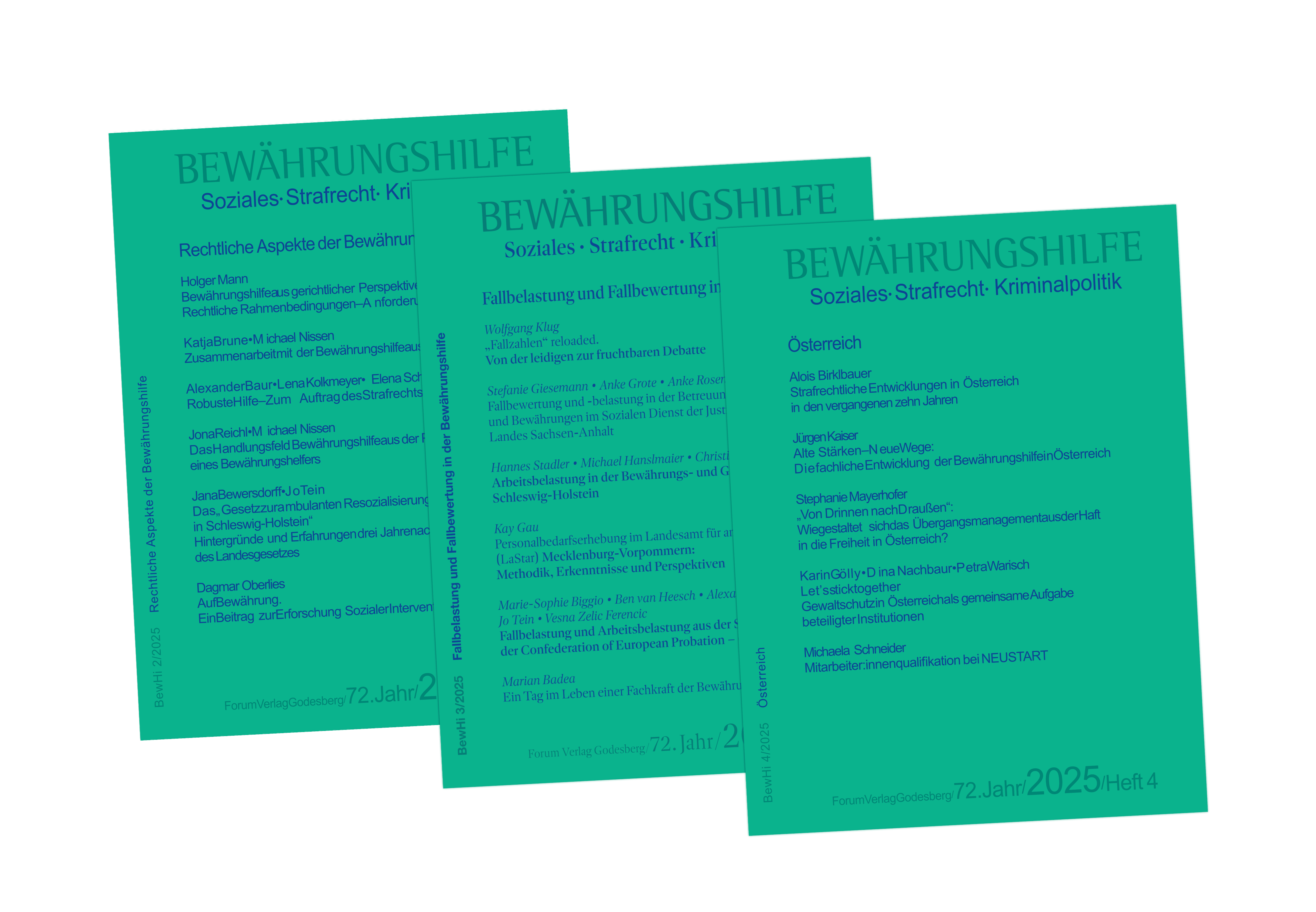Drei übereinandergelagerte grüne Titelseiten der "ZEITSCHRIFT BEWÄHRUNGSHILFE"
